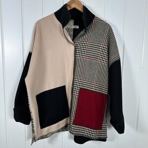 VTG Cameleon Open Blazer Large Wool Blend Patchwork Multicolor Black Red Tan USA